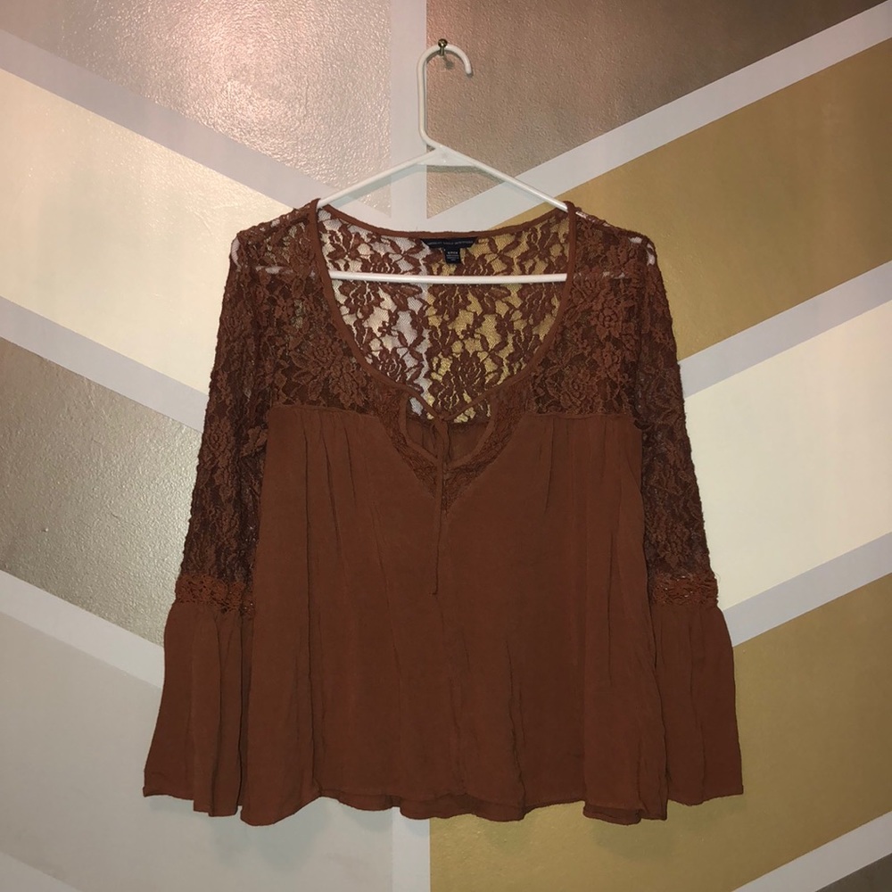 Cute Brown Lace Flowy American Eagle Blouse